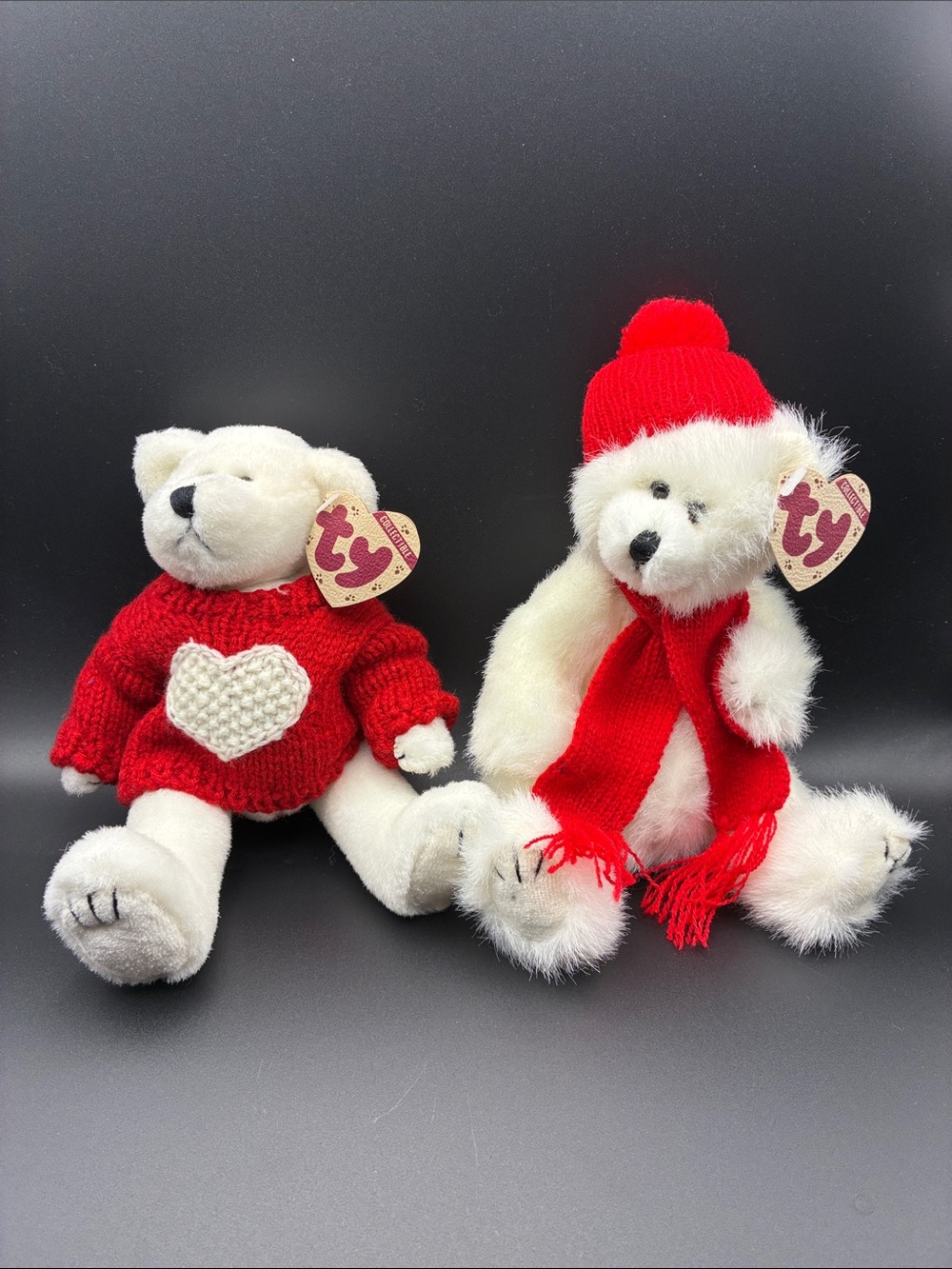 Ty White Polar Bear Pair with Red Sweater, Hat & Scarf